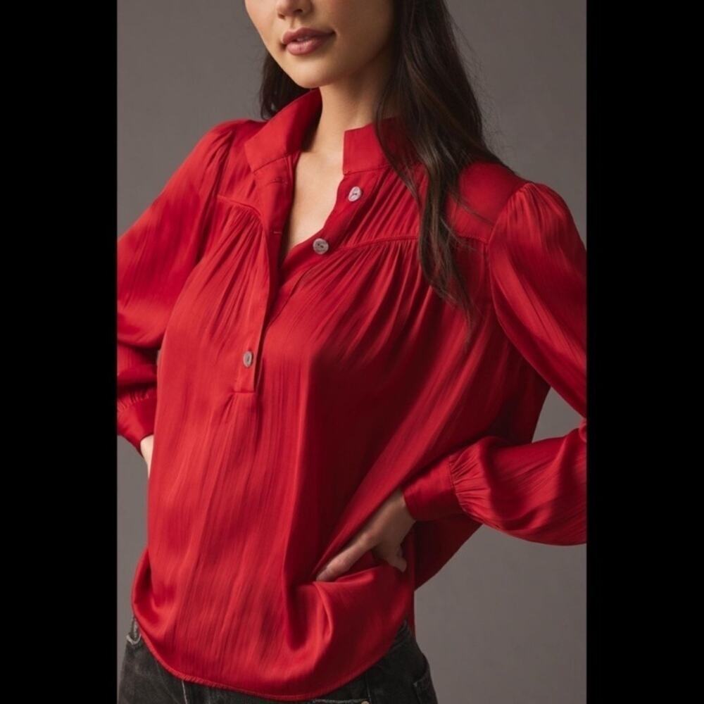 Anthropologie Relaxed Shimmer Blouse Red Satin Henley Button Front Popver Top XS